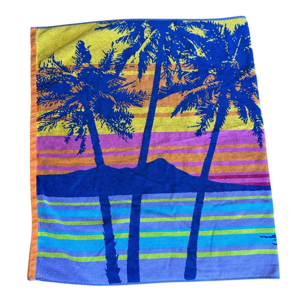 Vintage Welspun Beach Towel 100% Cotton Blue yellow pink palm trees